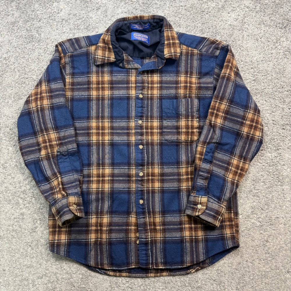 Pendleton Wool Flannel Board Shirt Blue Brown Plaid Large Vintage Heritage